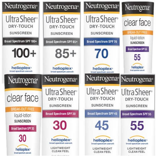 Eight sunscreens from Neutrogena containing the undesirable chemical, BHT