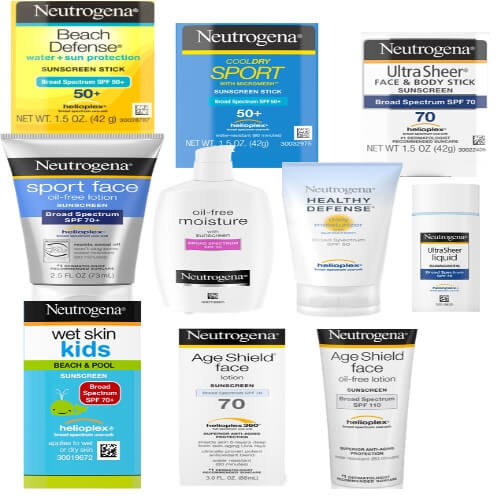 Ten sunscreens from Neutrogena containing the undesirable chemical, BHT